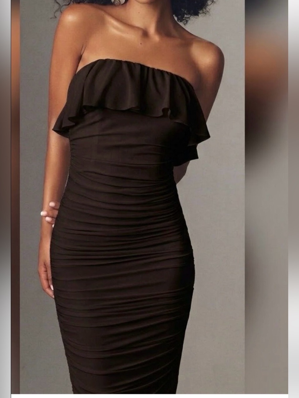 Torn by Ronny Kobo NWT Brown Pearla Koko Mesh Midi Dress Large Ruffle Bodycon